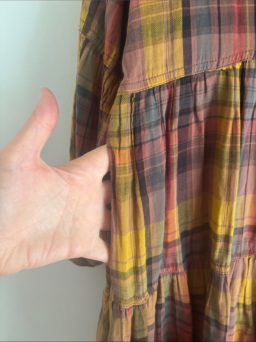 Anthropologie | pilcro Plaid Tiered Button-Front Dress in Mustard and Deep Red - Picture 13 of 15